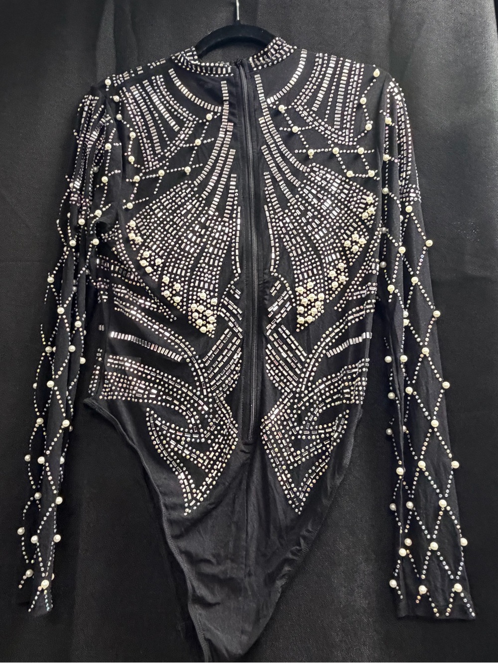 Fashion Nova Black Embellished Pearl & Crystal Long-Sleeve Bodysuit - Picture 3 of 4